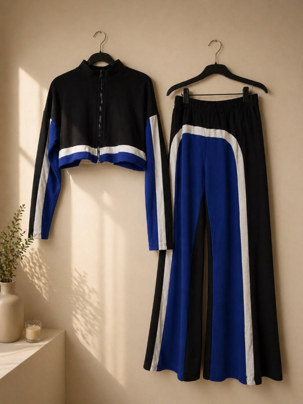 Colorblock 2 Piece Athleisure Set Crop Top Wide Leg Pants